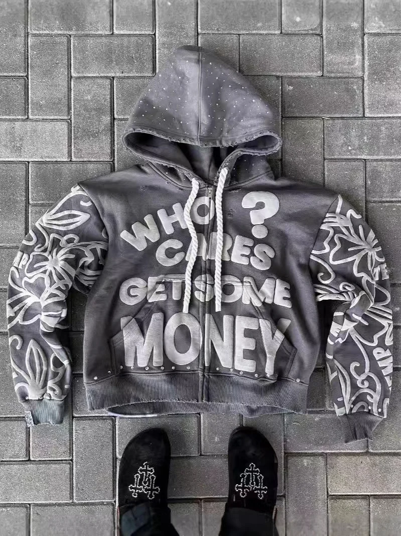 2025 The foam printed sweatshirts of men women on the streets of Europe America fashionable hip-hop Harajuku loose zipper hoodie