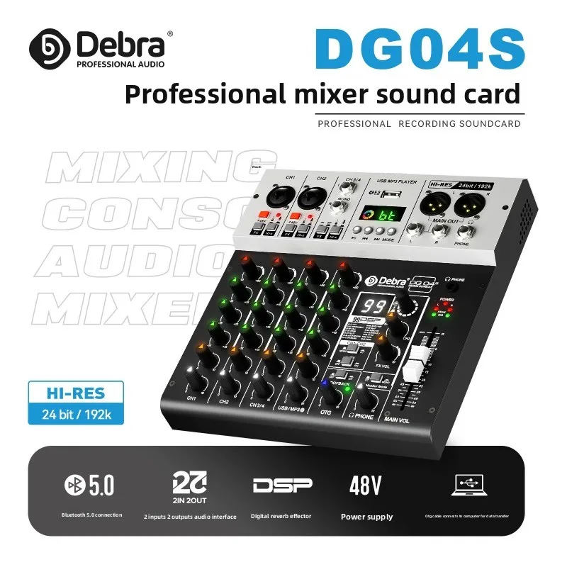 For Debra DG04S 4-Channel Audio Mixer USB Sound Card with 99 DSP Effects Bluetooth 5.0 OTG for Recording Live Streaming