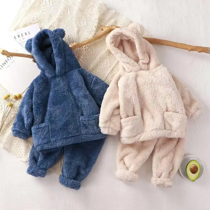 

2025 Autumn Winter Baby Faux Fur Tracksuit 2pcs Children Boys Bear Hoodie+Trousers Pants Kids Loungewear Cute Girls Warm Outfit