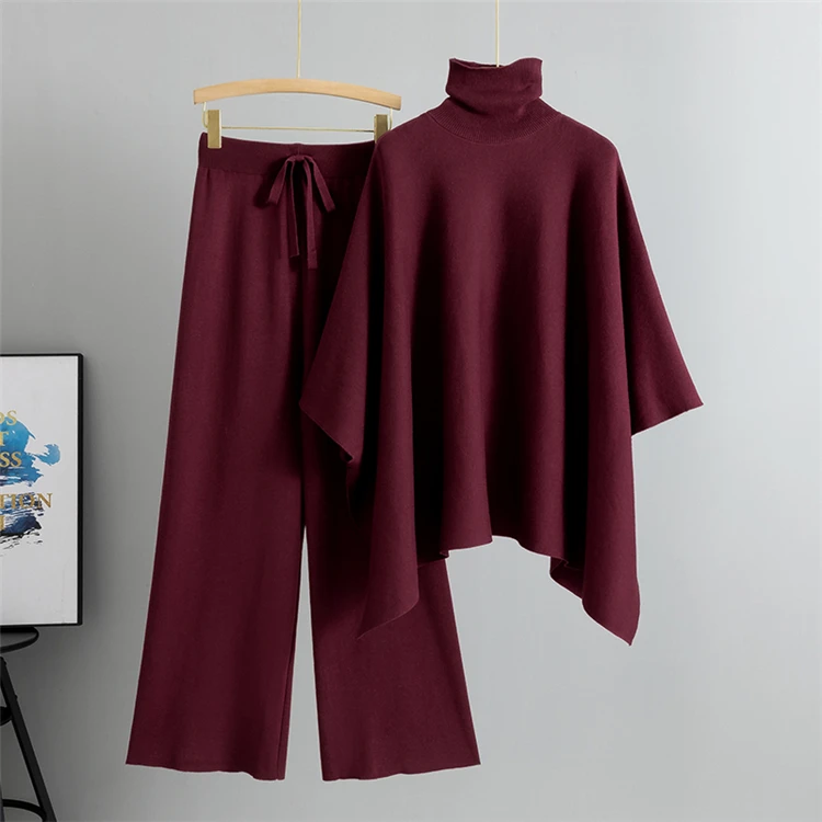 Neues Herbst/Winter Elegantes Rollkragen-Cape-Top mit Weiten Hosen Locker Sitzendes Set Modisches Strick-Zweiteiler für Damen – Detail 6
