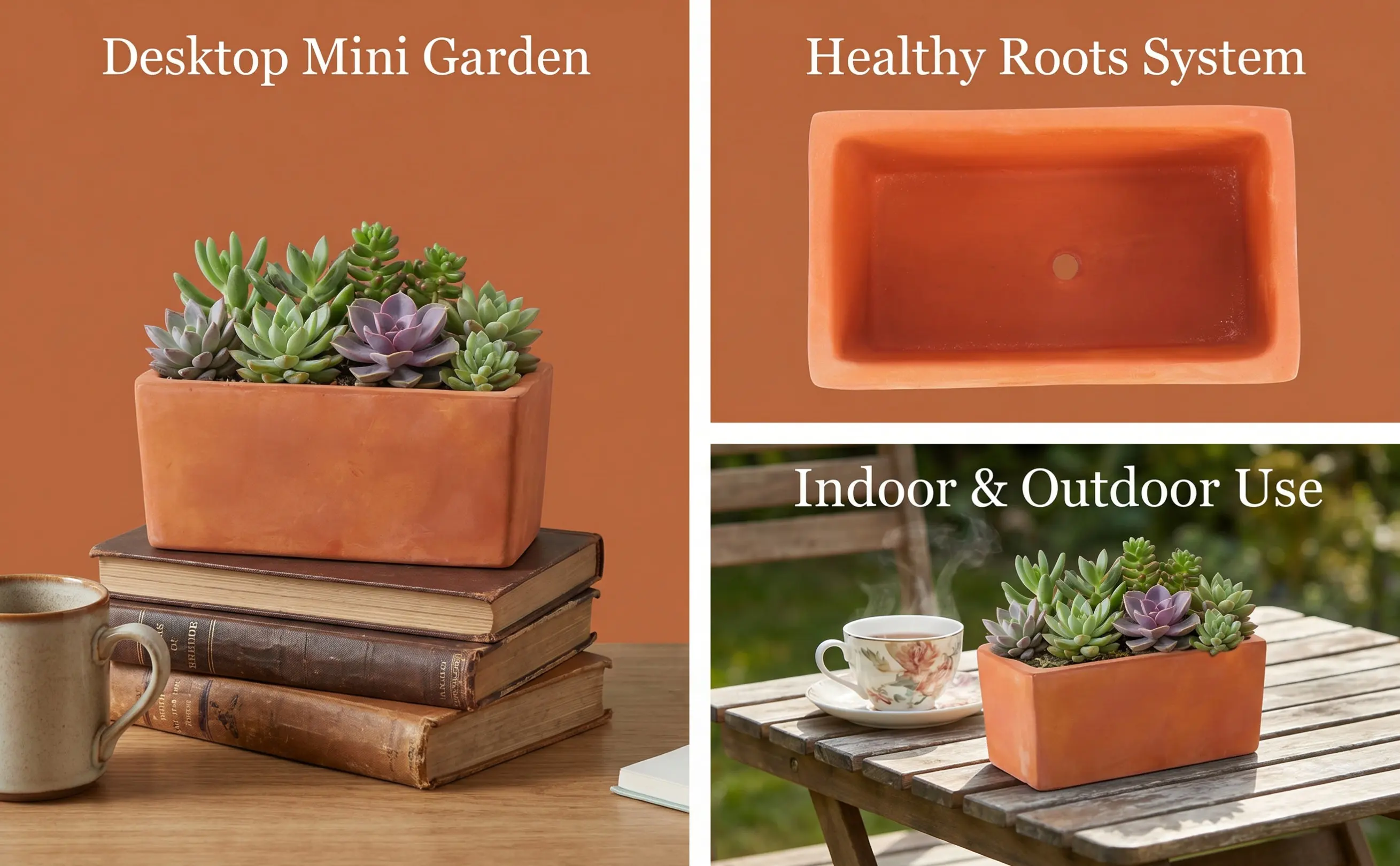 Small Rectangular Terracotta Plant Container Rustic Clay Flower Pot with Drainage Hole for Cactus Succulent Bonsai Indoor