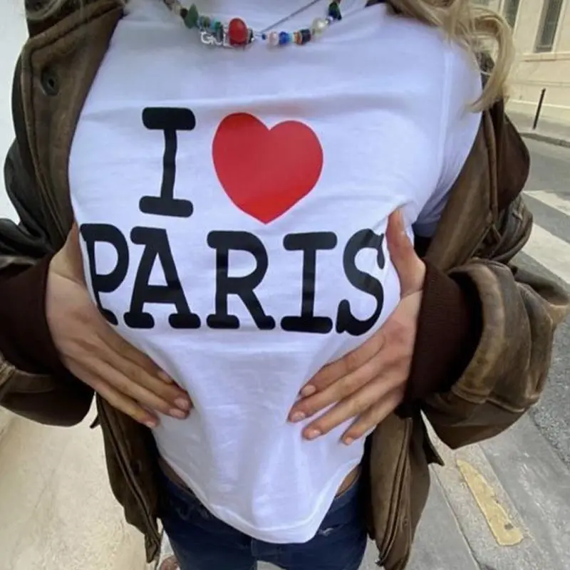 I LOVE PARIS Women Y2K T Shirt Girl Graphic Printed Fashion Harajuku 2024 Streewear Clothes Causal Female Y2K Tops Tee