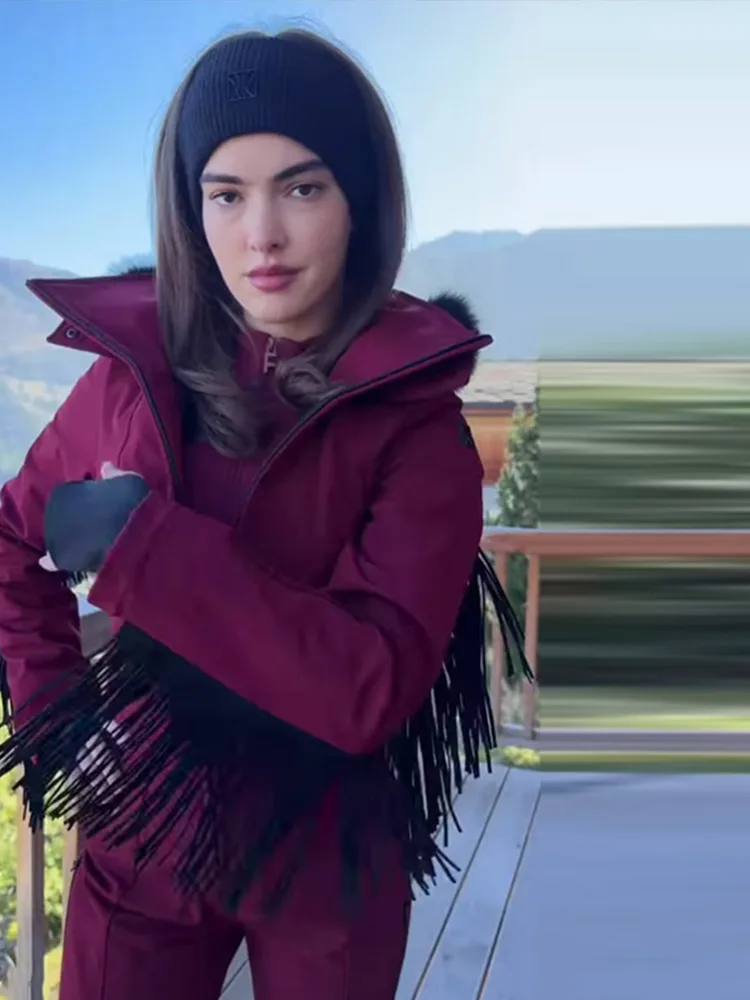 Damen 2025, trendige Ski-Overalls mit Kapuze und Quasten, wasserdicht, warm, Wintersport-Oberbekleidung, modische, elegante Damen-Schneeausrüstung – Detail 18