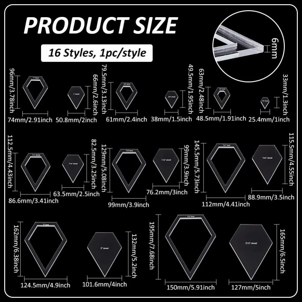 16 Sizes Jewel Quilting Template Acrylic Intricate Sewing Machine Ruler Transparent Pressure Plate Router Template for DIY Hand