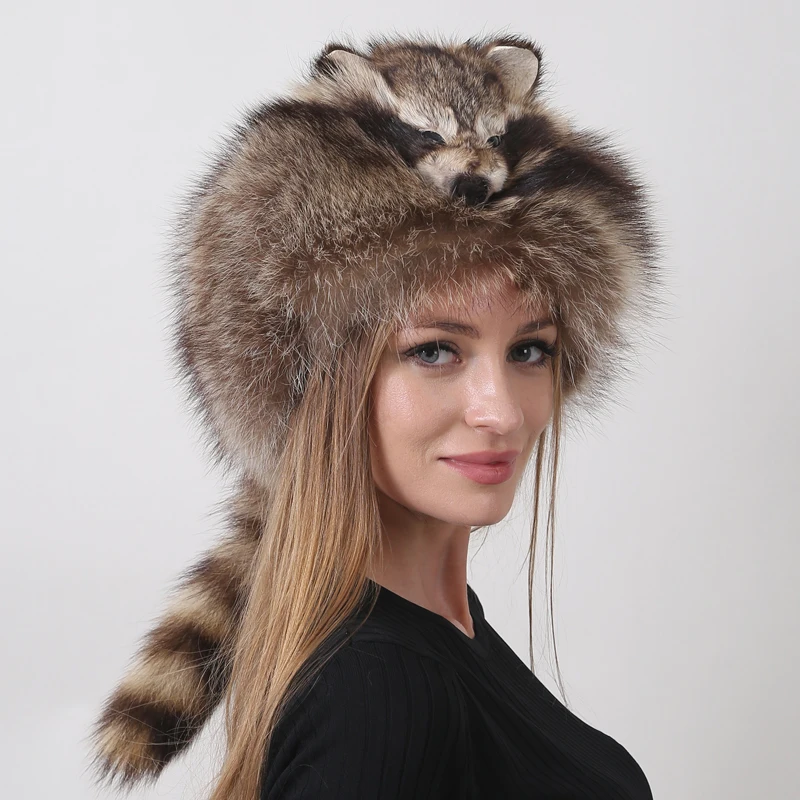 女性のための本物の毛皮の帽子、ロシアのアライグマの尻尾の帽子