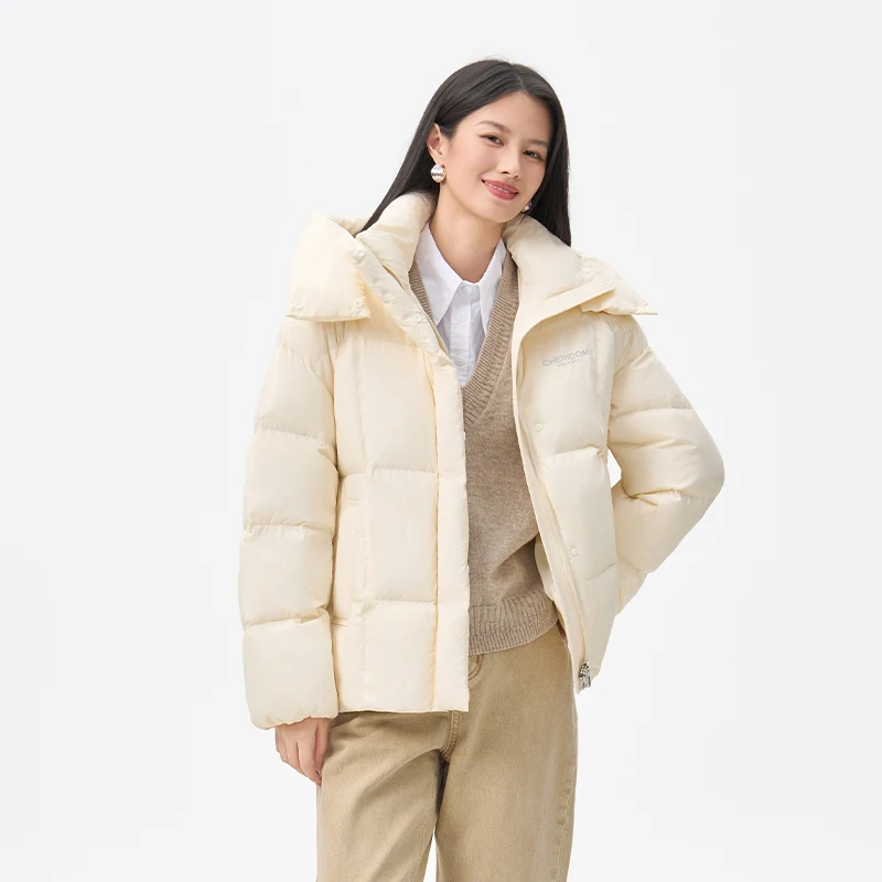 Chericom 여성용 패딩 재킷 탈부착 가능한 후드 스탠드 칼라 사선 포켓 겨울 다운 재킷 신축성 방풍 코트 Y318188Y