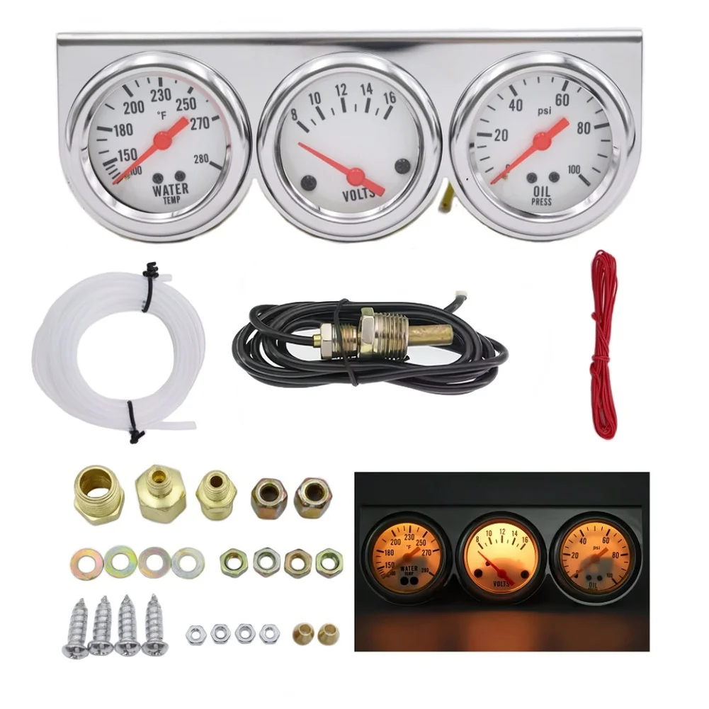 52mm Triple Gauge Panel with ABS Construction and Chrome Frame for Water Temp Oil Pressure and Voltage Monitoring in 12V Cars