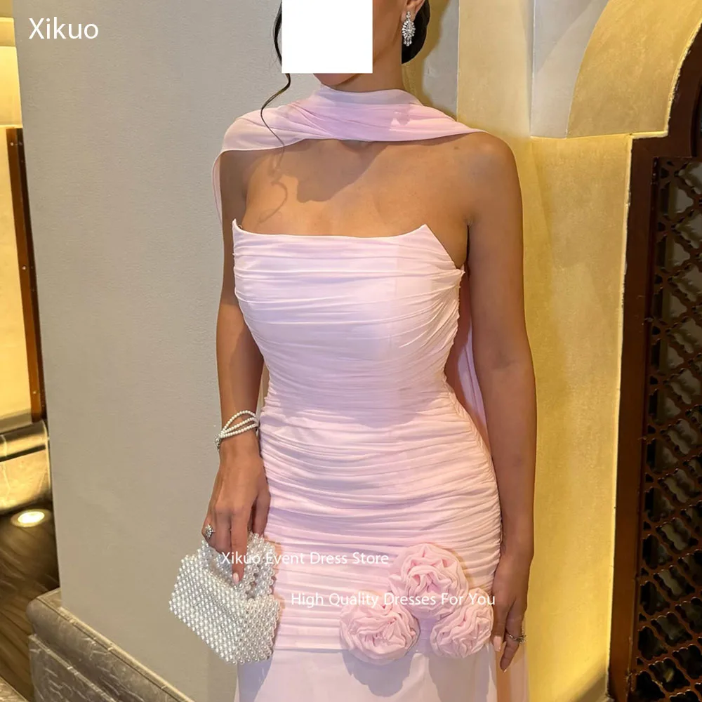 Xikuo Strapless Pink Chiffon Evening Dress 3D Flowers Ruched Prom Dresses Side Slit Straight Vestidos De Fiesta Mujer Customized