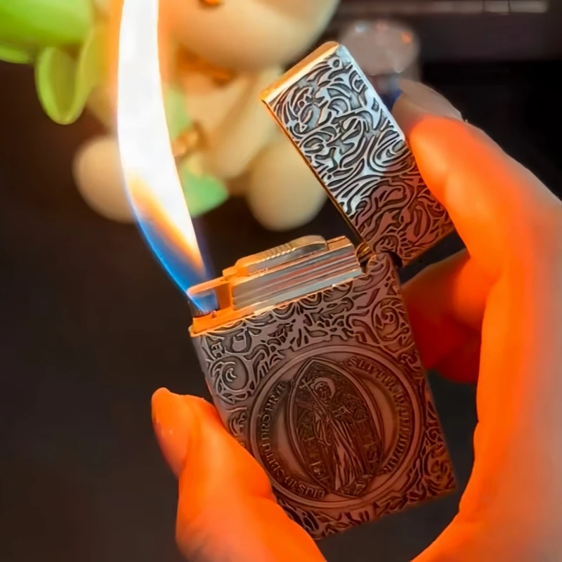 

New Metal Steel Langsheng Tilted Inflatable Lighter with Side Sliding Grinding Wheel Ignition Lighter, Smoking Tool Men's Gift