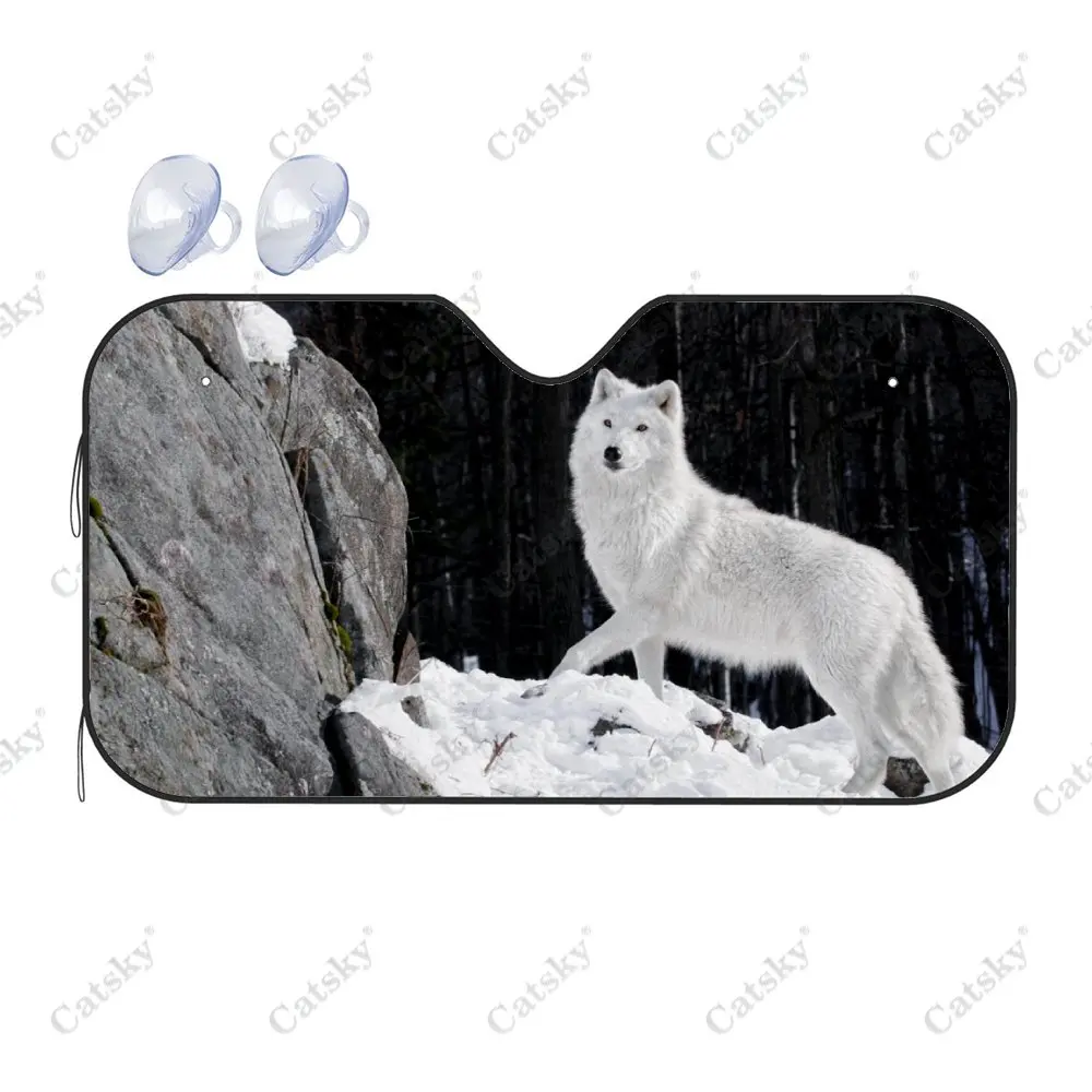 White Snow Wolf Animal Car Windshield Sunshade, Auto Accessories Front Windshield Sun Shade Blocks Uv Rays Sun Visor Protector