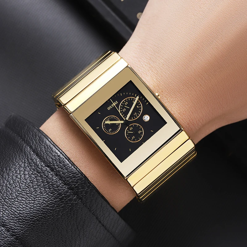 OUPAI 34mm Wide Old Classic Black Ceramic Rectangle Watch Chronograph Quartz  Waterproof TMI Brand Antique Style for Men