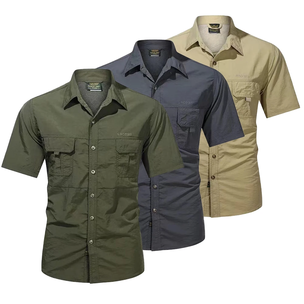 New Summer Cargo Shirts for Men Short Sleeve 2-Pocket Outdoor Casual Shirt Quick-dry Tops Lapel Single-Breasted Men\'s Shirts