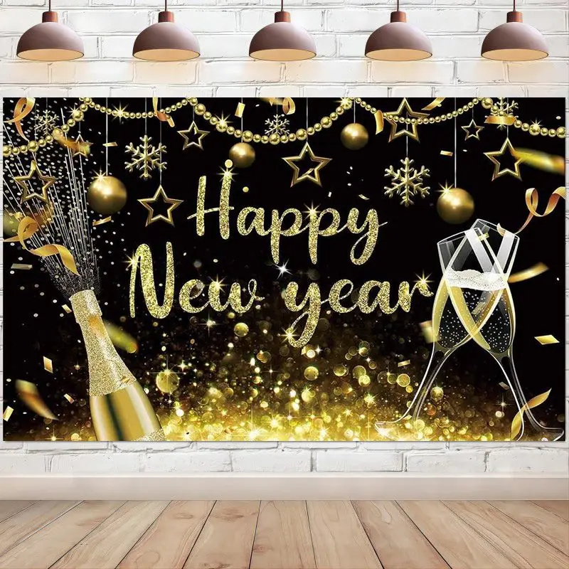 Happy New Years Eve Backdrop Banner Black and Gold Photography Glitter Bokeh Sequin Background Party Decoration Photo Booth Prop