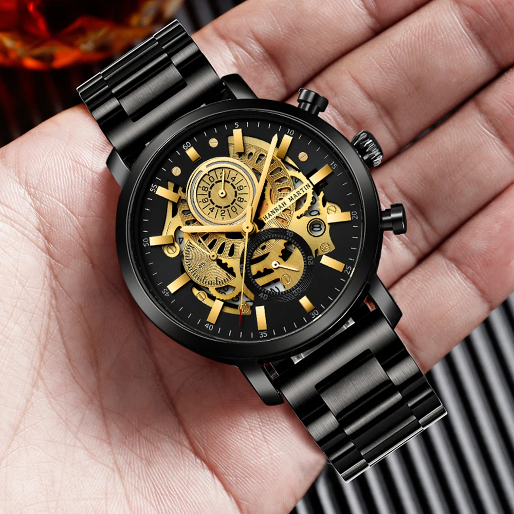 Hannah Martin Multi Functional Quartz Watch Men Fashionable  Steel Strap Gold Black 46mm Large Dial Casual Sports Watch for Men