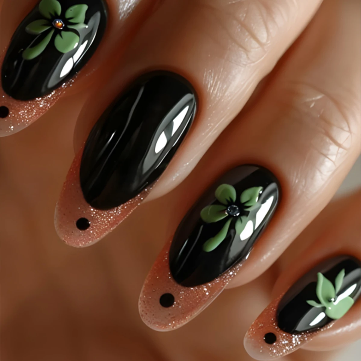 Green Grass Press on Nails Medium length Almond Press on Nails Wearable False Nails Simple Green Leaves Nails Diamond False Nail