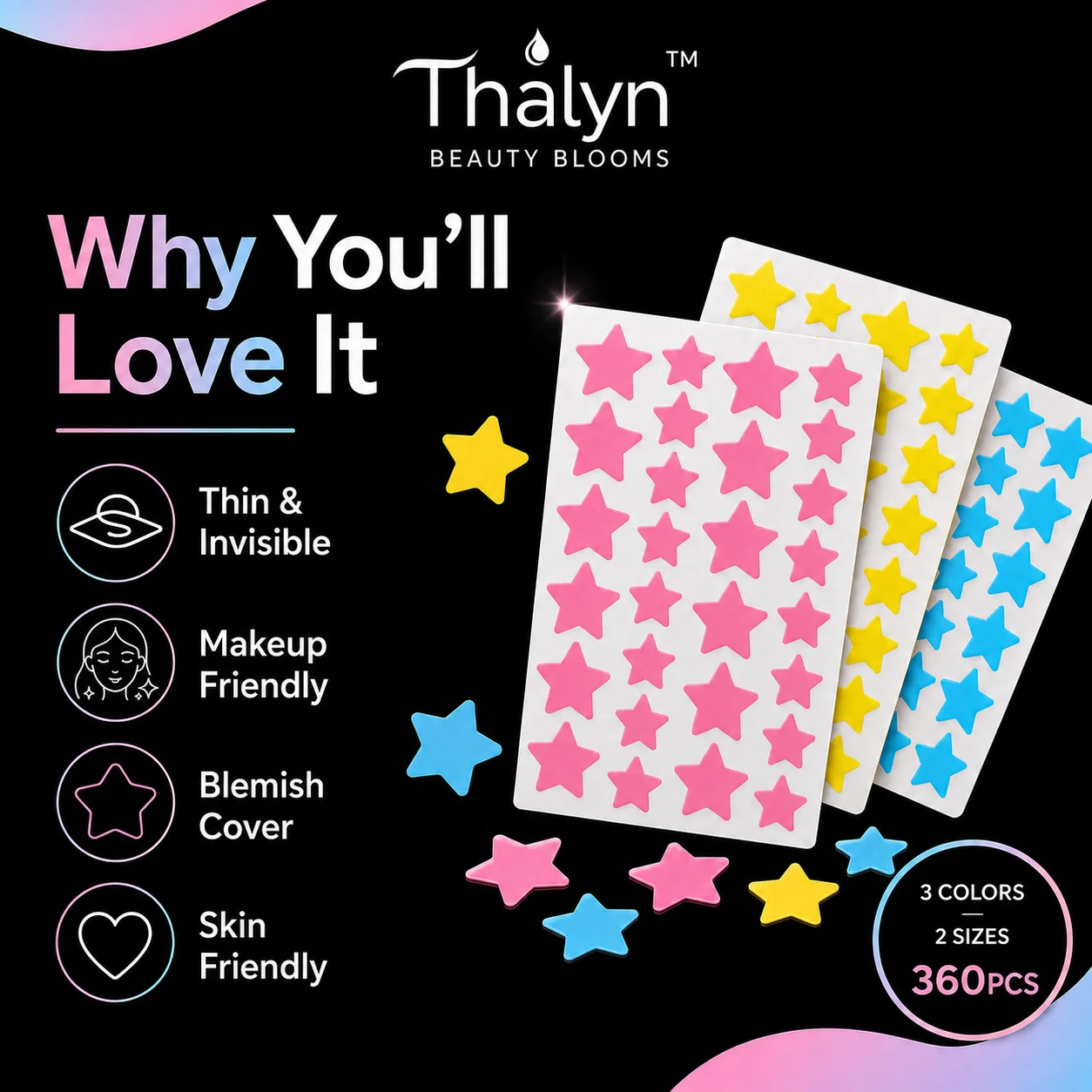 360PCS Colorful Star Pimple Patches Yellow Blue Pink Acne Patch Invisible Makeup Skin Cover Sticker Cute Beauty Patch - view 2