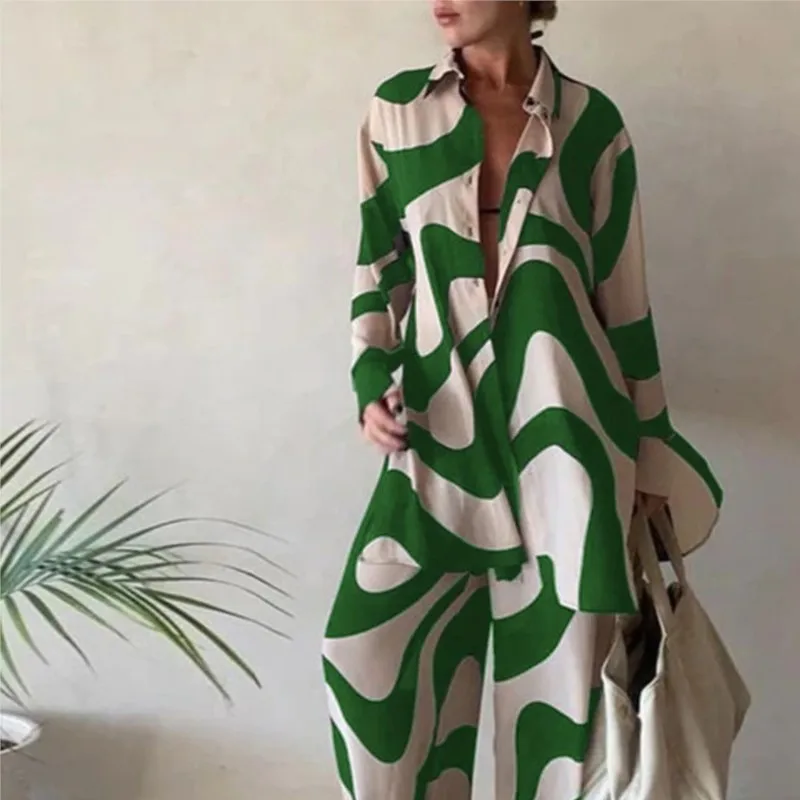 

Boho Women's Two-piece Suits New Print Suit With Loose Long Sleeves Shirt Straight Pants Suit For Women Casual And Vacation 2025
