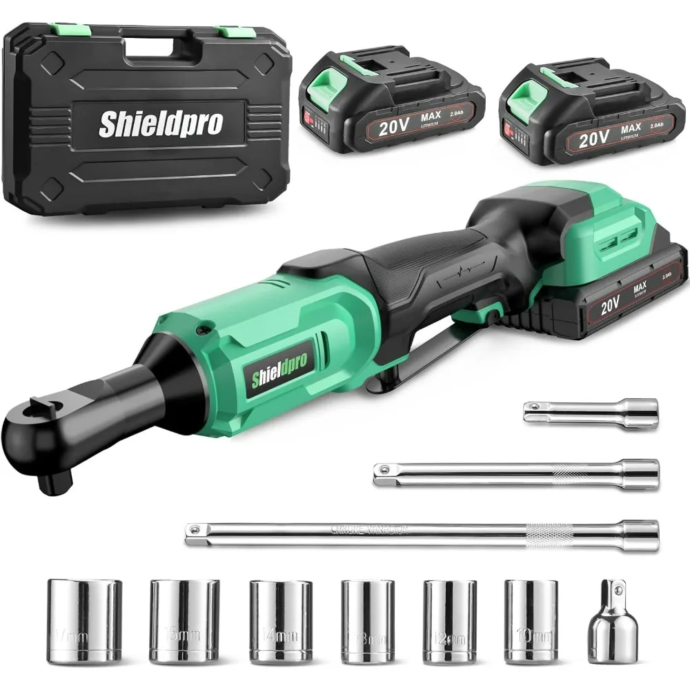 

ShieldPro 20V Cordless Ratchet Wrench Set 3/8" Electric Power Ratchet Kit with 400RPM LED Work Light 2 Batteries Fast Charger