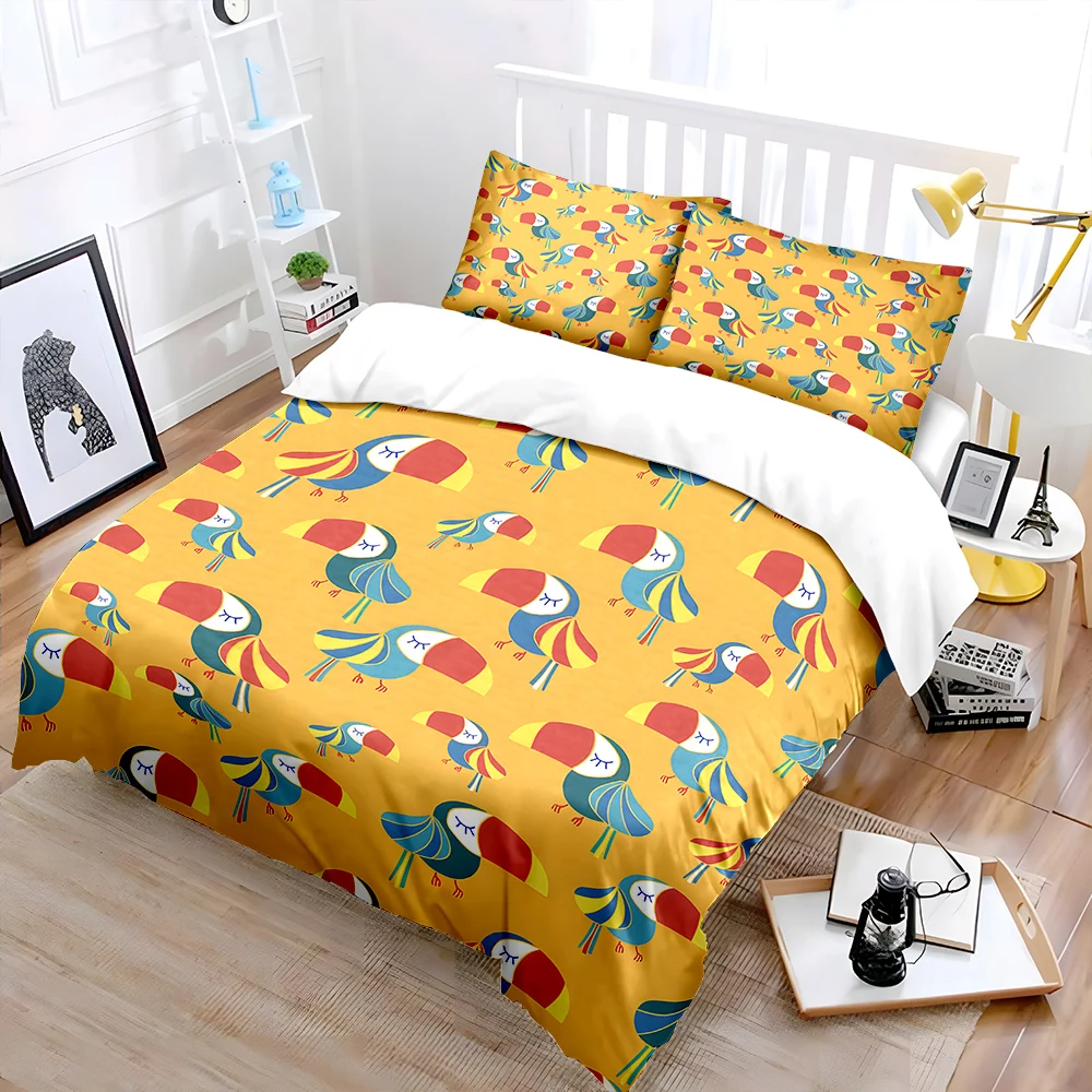 Cartoon colorful toucan pattern background Bedding Set 1 Duvet Cover 2 Pillowcases for Adult and Children Luxury Gift Full Size