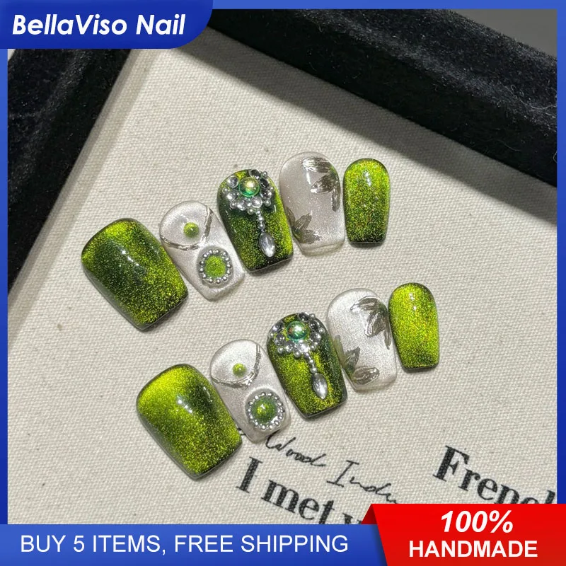 Green Light | Luxury 10pcs Handmade Short Coffin Press On Nails Cat Eyes Fake Nails Crystal Glittering Wearable Nail Art Tips