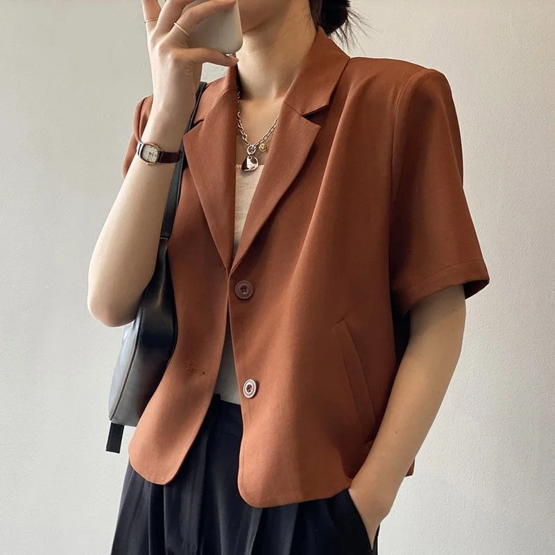 Blazers Women Retros Fashion Short Sleeve Vintage Summer Korean Style Crop Outwear Casual OL Office Lady All-match Ins Mature