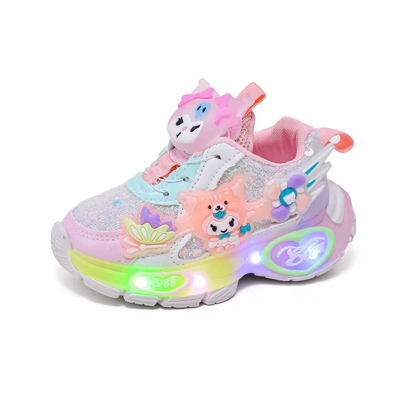 

Autumn Kuromi Rotating Buckle LED Light Up Chunky Sneakers Anti Slip Soft Sole Lightweight Cartoon Flash Casual Trainers