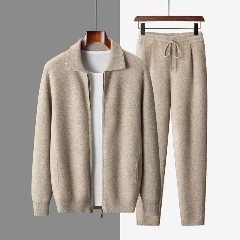 

CHICUU Men's 100% Cashmere Polo Cardigan Pencil Pants Thick Warm Smart Casual Cashmere Knitwear Autumn Winter Sweater Trousers