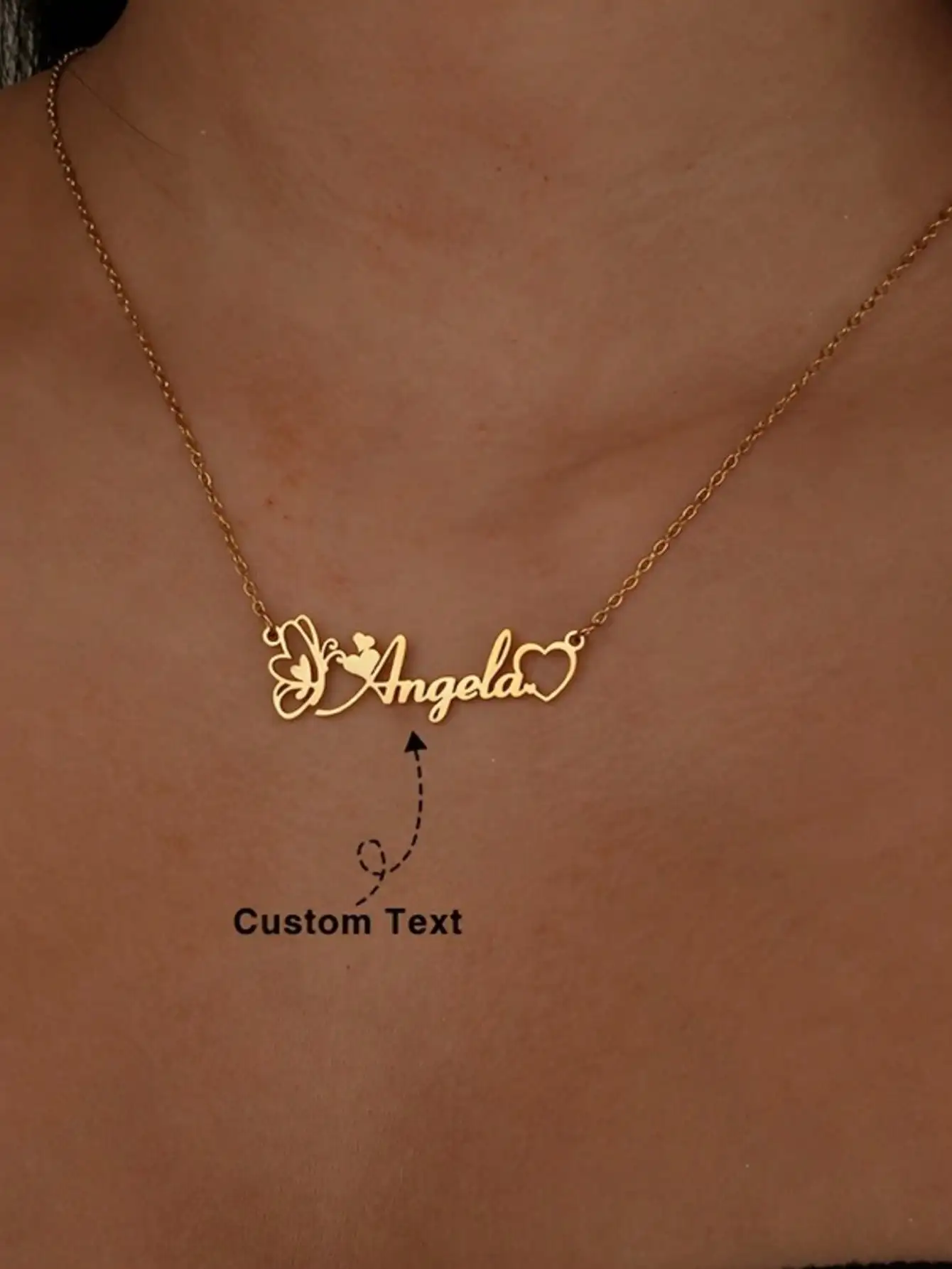 1 Px Custom Name Necklace, Heart Shape Butterfly Pendant Stainless Steel Engraving, Women's Exclusive-Gold or Silver