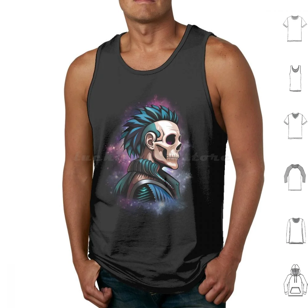 Cyber Skull Tank Tops Print Cotton Skull Cyber Bones Punk Caveira Ossos Cibernético Blue Green Azul Verde