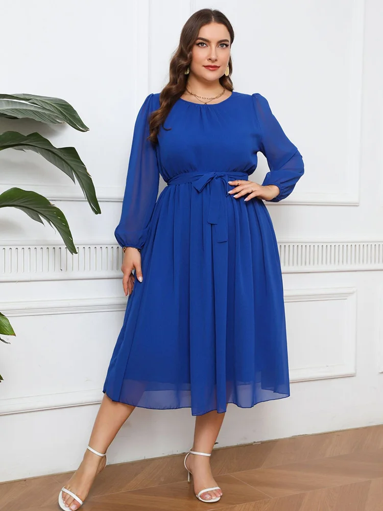 GIBSIE Plus Size Elegant O-Neck Belted Long Dress Women Spring Summer High Waist Chiffon Long Sleeve Female Solid A Line Dresses