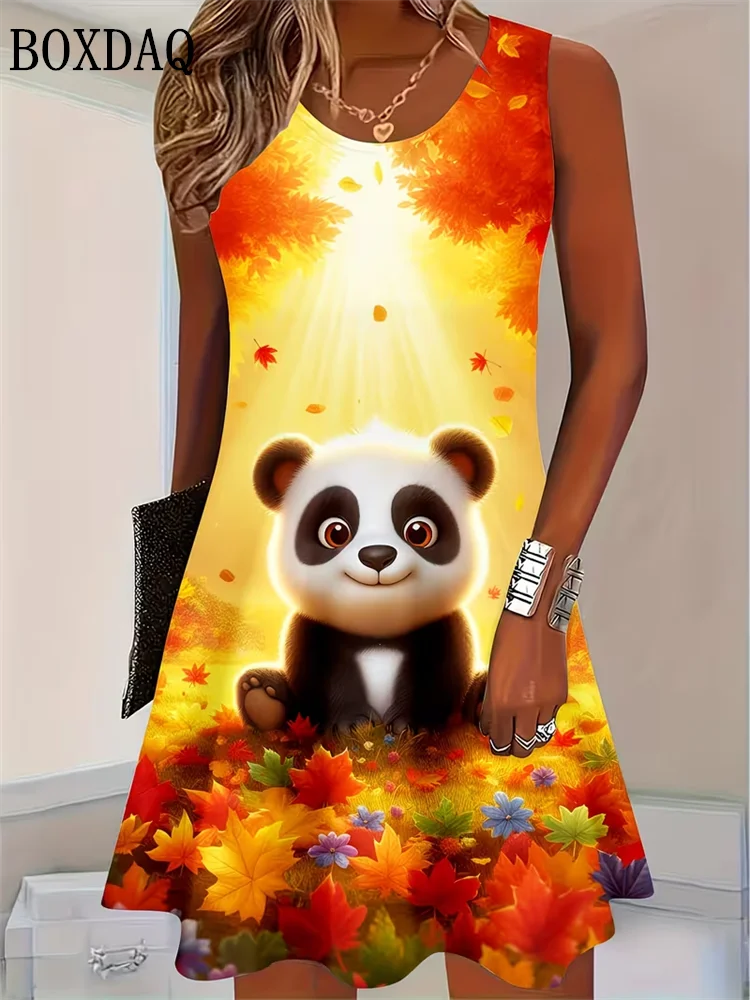 Cartoon Themed Cute Panda Maple Leaf 3D Printed Dresses For Women 2026 Fashion Clothing Summer Short Sleeve Loose A-Line Dress