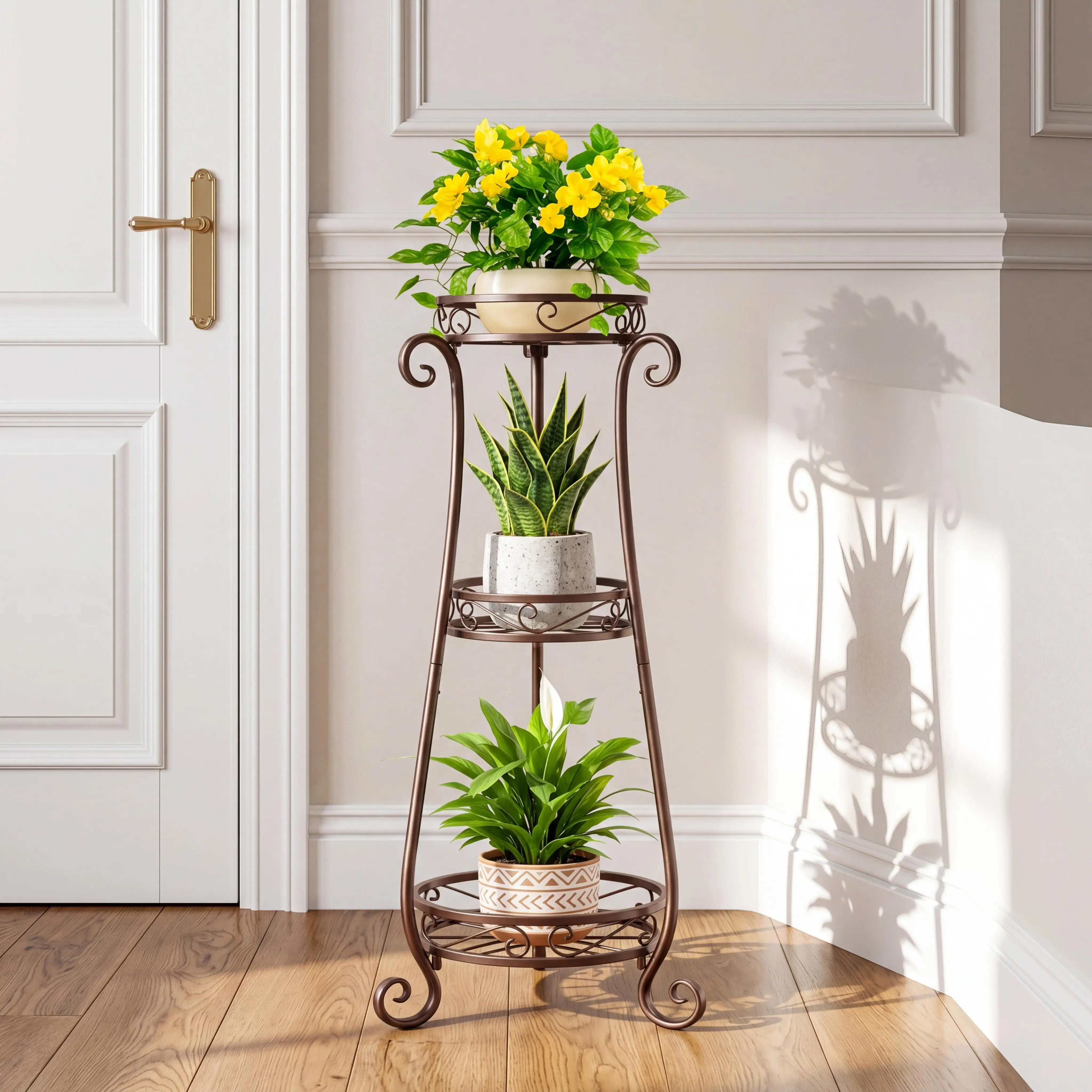 3-Tier Metal Plant Stand Indoor Outdoor Vintage Bronze Flower Pot Holder Multi-Level Display Rack for Garden Patio Balcony Living Room Decorative Iron Planter Shelf Home Decor