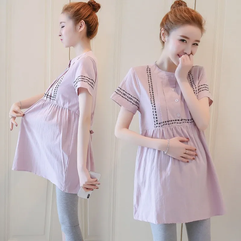 

Maternity Stripes Shirts Fashion Loose Pregnant Women Cotton And Linen Blouses Sweet Tops Maternity Cotton T-shirt Shirtdress