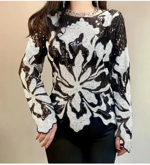 Shiny Women Sequined Tshirts Women Gothic Punk Clothes Femme Embroidery Sequins Pullovers Tops Women Irregular T Shirts