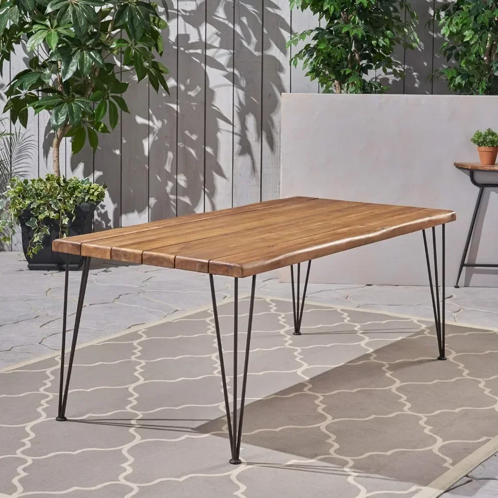 Kama Patio Dining, Rectangular, 72", Acacia Wood Table Top, Rustic Iron Hairpin Legs, Teak Finish, Metal