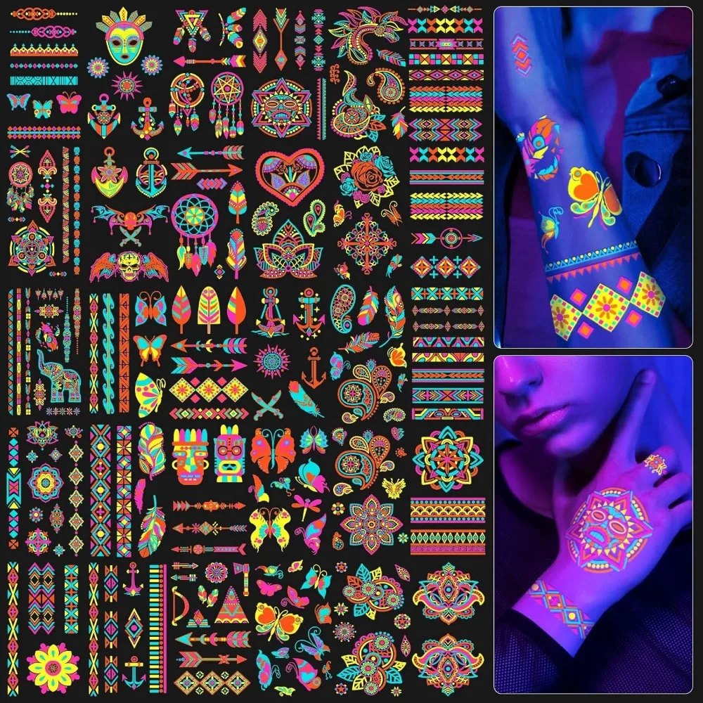 

201pcs Glow in the Dark Temporary Tattoos for Adults and Kids, Glitter Tattoo Kit, Neon Body Face UV Blacklight Fake Tattoos