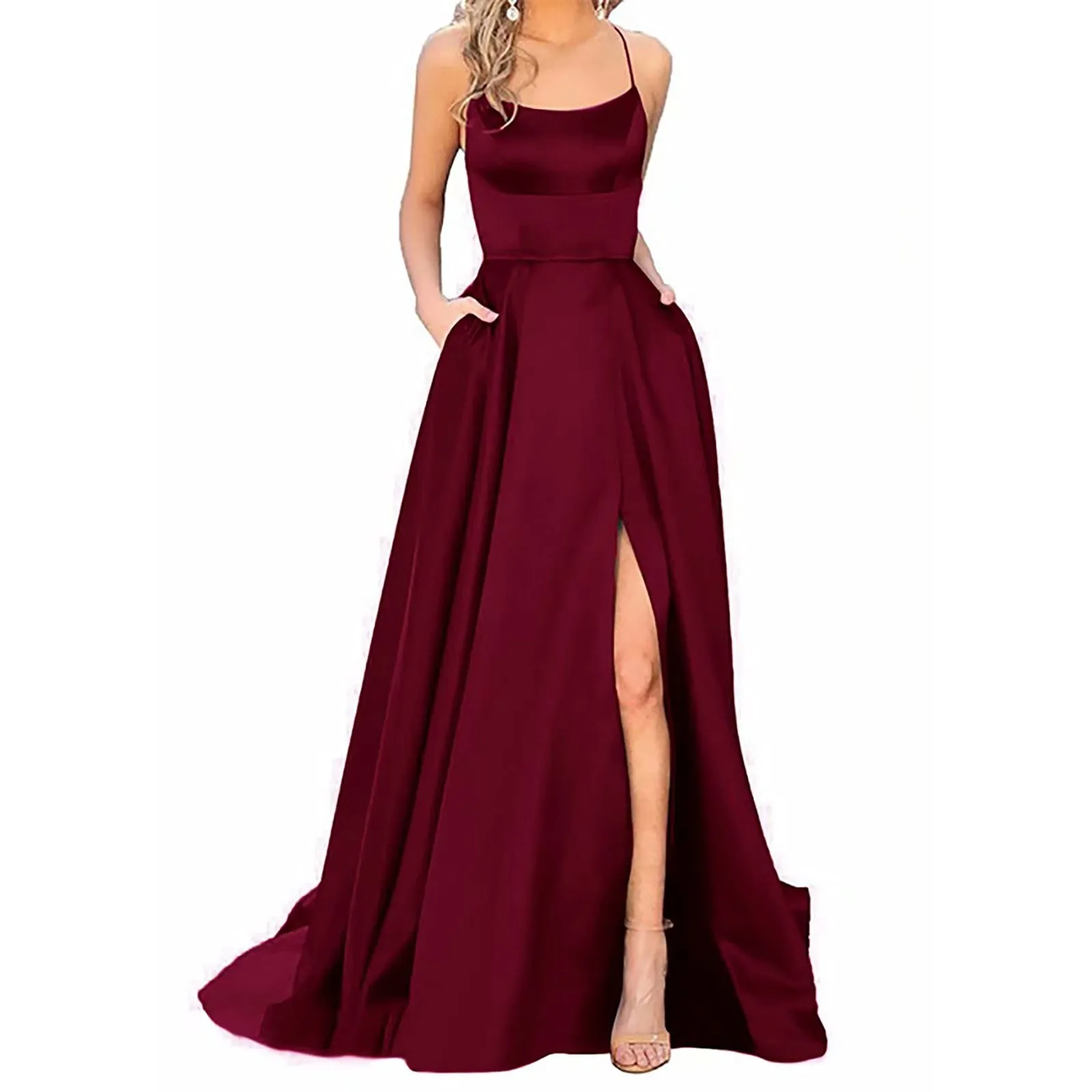 Abiti da ballo signore eleganti donne lunghe vestono le donne Backless Satin Spaghetti Party spacco laterale abiti da sera da sposa da donna