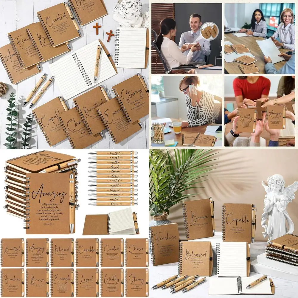 Bulk Christian Gifts: Pastor Ministry Christmas Spiral Notebook & Bamboo Pen with Bible Verses for Church & Sunday School (Brown