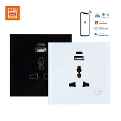 Tuya TYSH 16A Power Smart Plug Smart Wifi Socket Tempered Glass Universal Wall Socket Alexa Voice Control Smart Usb Outlet