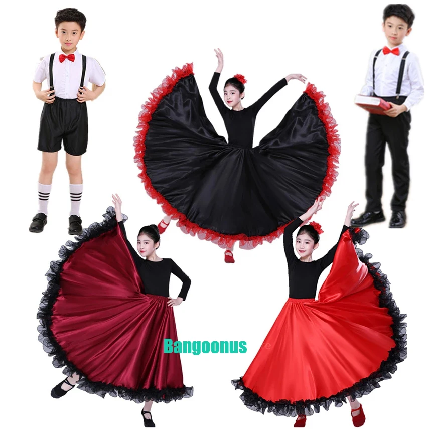 Gonne zingara Costume da ballo Flamenco per bambini 360/540/720 gradi bambini 100-150CM ragazza ragazzo grande vestito altalena sala da ballo abito spagnolo