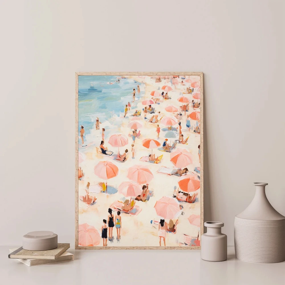 Unframe 1PC Frameless Summer Tiny People Swimming in Ocean Posters Print Canvas Painting Modern Minimalist Wall Art Bedroom Home