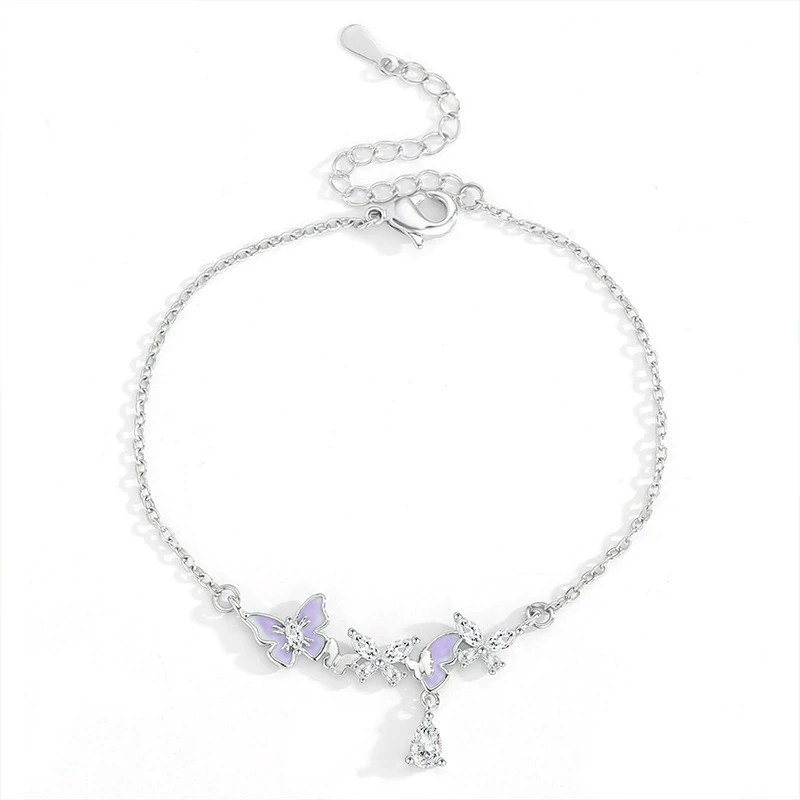 

925 Silver Sweet Purple Butterfly Bracelet Shining Zircon Flower Pendant for Women's Birthday Party Gift