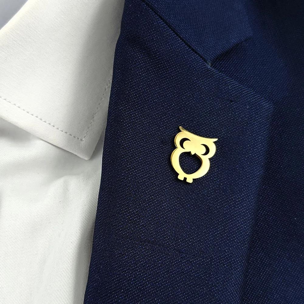 Hollow Owl Brooch 316L Stainless Steel 18K Gold Plated Wisdom Animal Lapel Pin Unisex Suit Coat Jewelry Gift