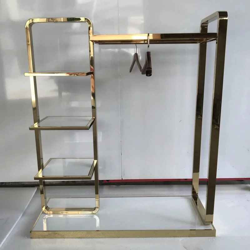 custom.Factory Direct Sell Double Layer Steel Storage Shelf Clothing Rack Retail Store with Wooden Shelf