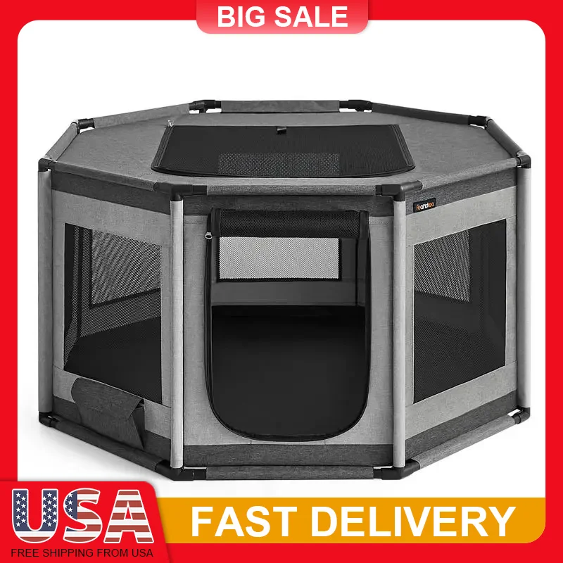 

44 Inch Dog Playpen Octagon Pet Fence with Double Doors Breathable for Dogs Portable Puppy Pen Indoor Outdoor Use