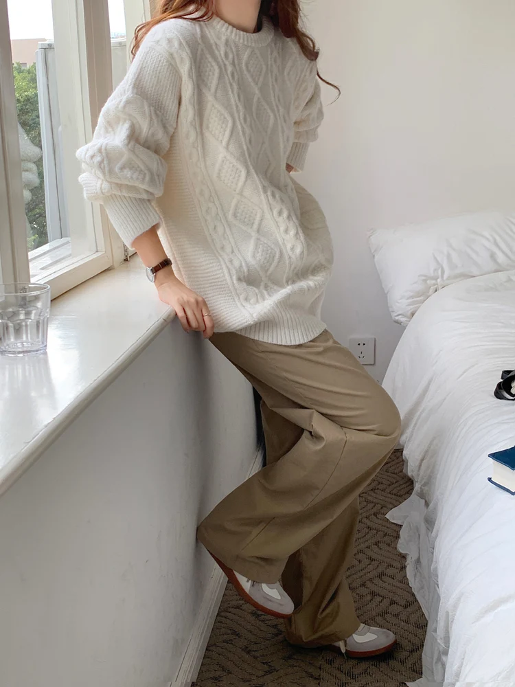 

ZY молочно-белый вязаный свитер женский свободный ленивый сле осень-зима Thiened Overhead Twist вязаный топ средней длины