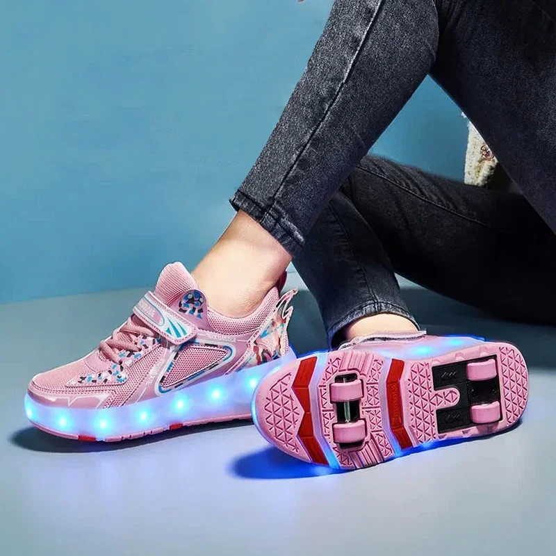 Roller Skates Shoes Boys Girls Kids Babys 2024 Gift Fashion Casual Men's Flashing Led Light Women Sports 4 Wheels Skate Sneakers