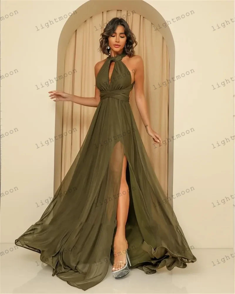 Semplici abiti da sera in Chiffon a-line Prom Dress per le donne 2024 Halter Neck abiti da ballo senza maniche lunghezza del pavimento Vestidos De Gala