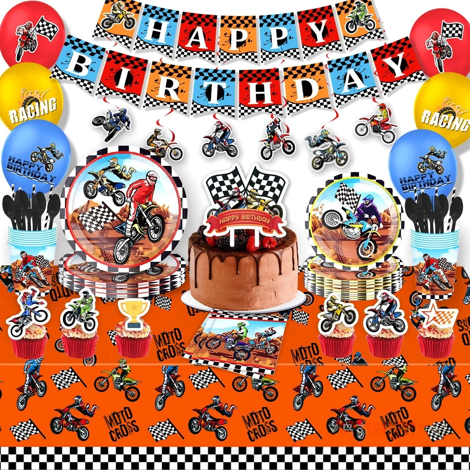 Bannière de décoration joyeux anniversaire pour moto, tourbillons suspendus, fournitures de fête pour vélo tout-terrain, décoration d'anniversaire pour Motocross pour garçons
