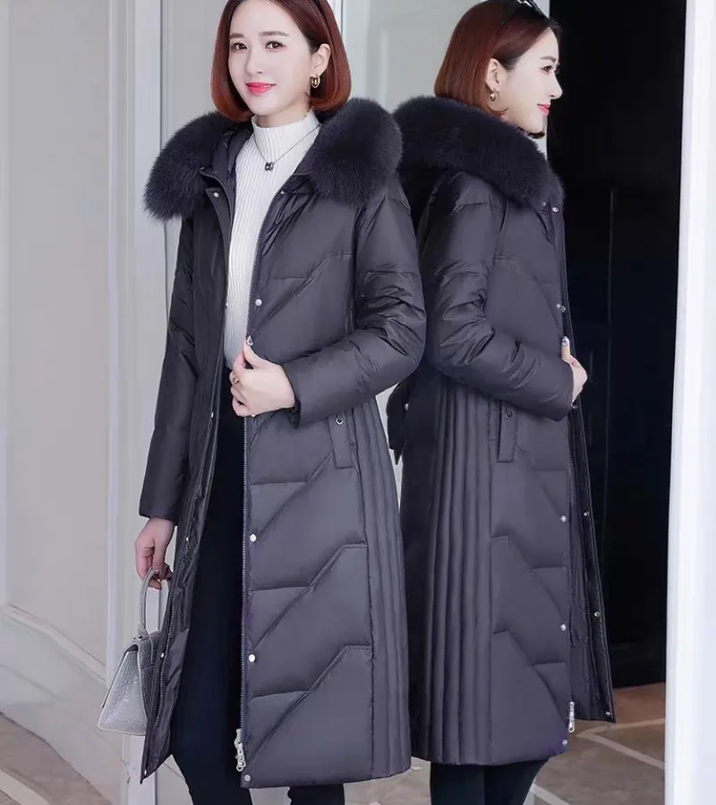 New Arrival Women Warm Outfits 90% White Down Long Coat with Real Fox Fur Hood CX-G-D-32A